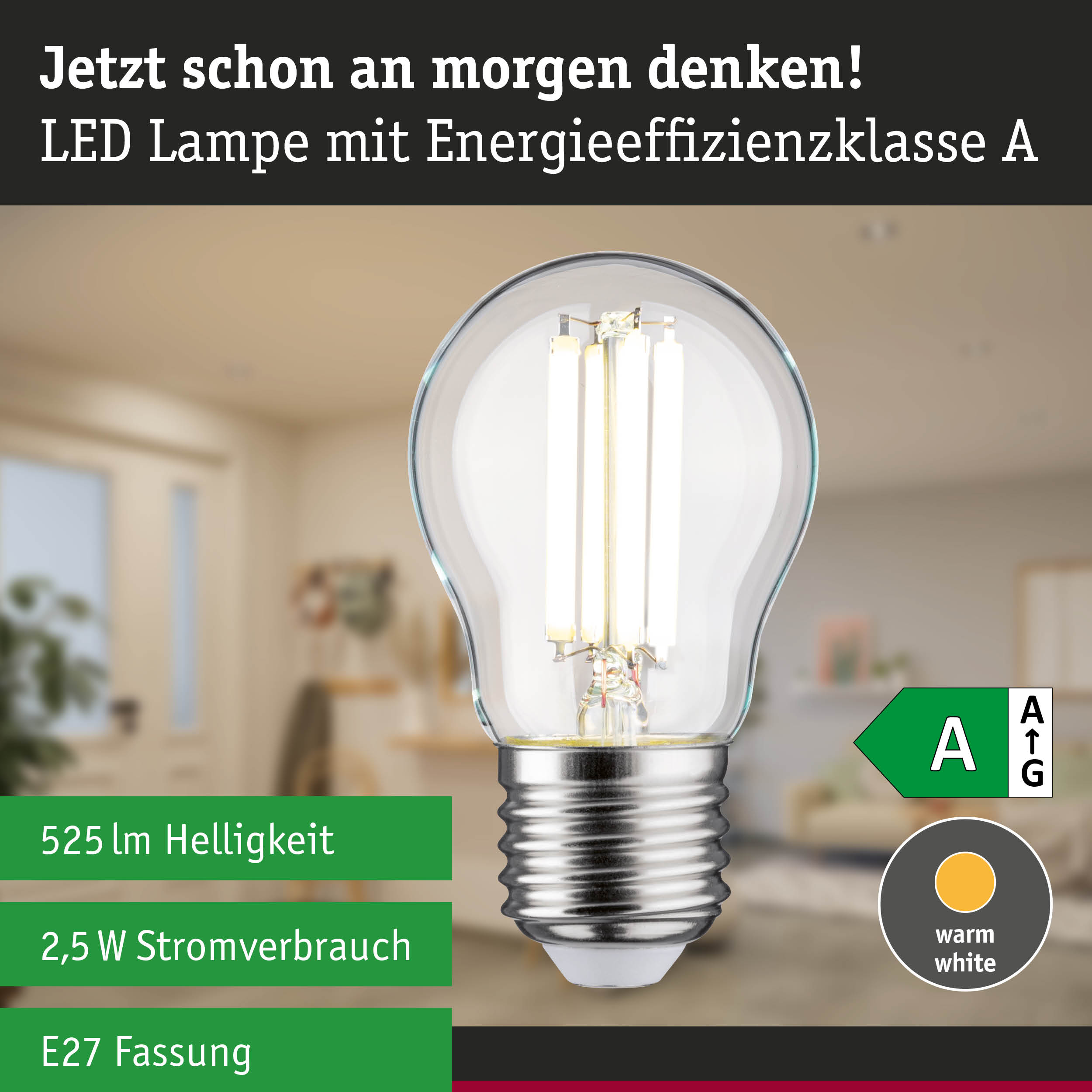Energiesparende LED-Lampe mit neutralweißem Licht und hoher Effizienz vor Waldhintergrund
