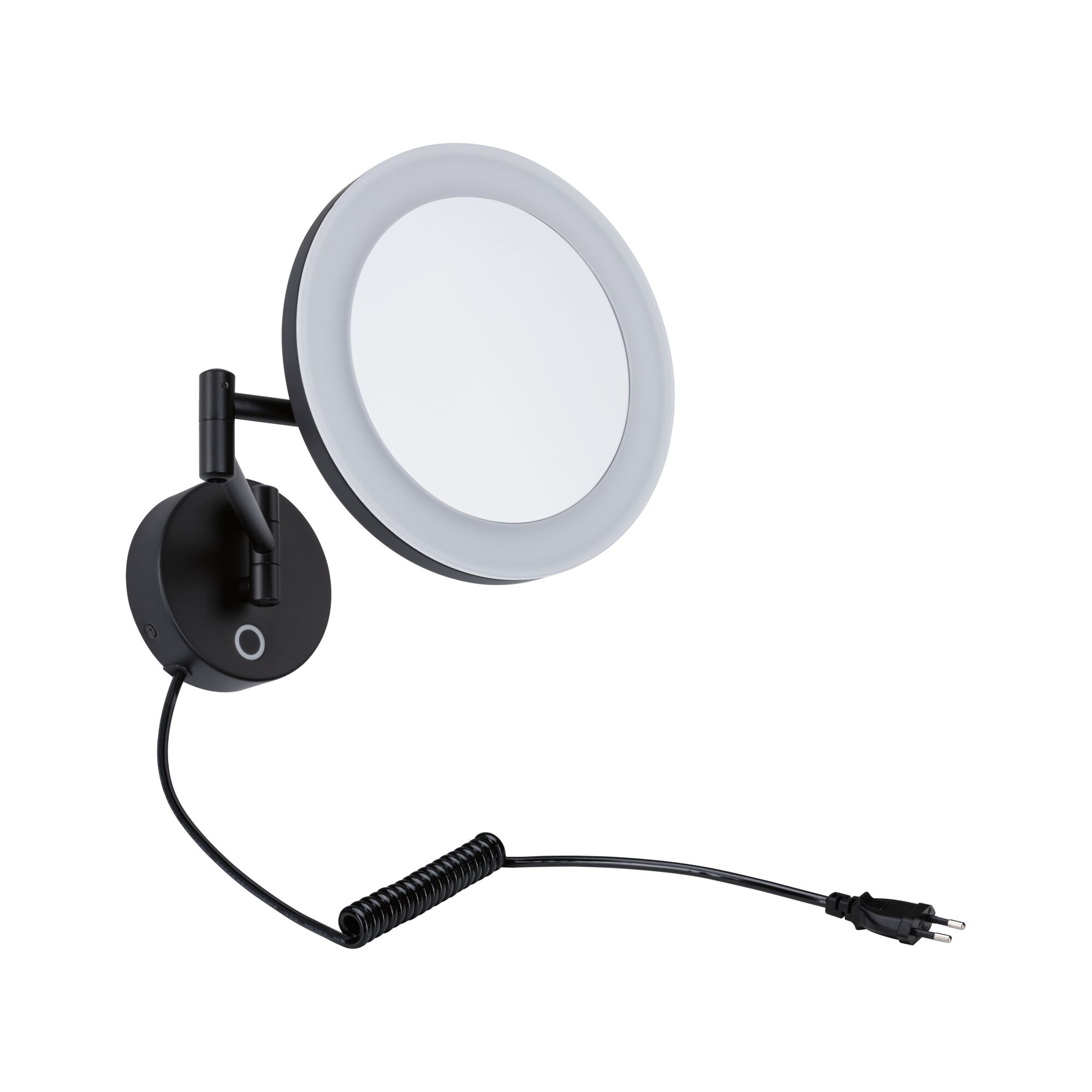 Schwarze Wandlampe mit rundem beleuchtetem Spiegel und flexiblem Arm, LED-Spiegelleuchte