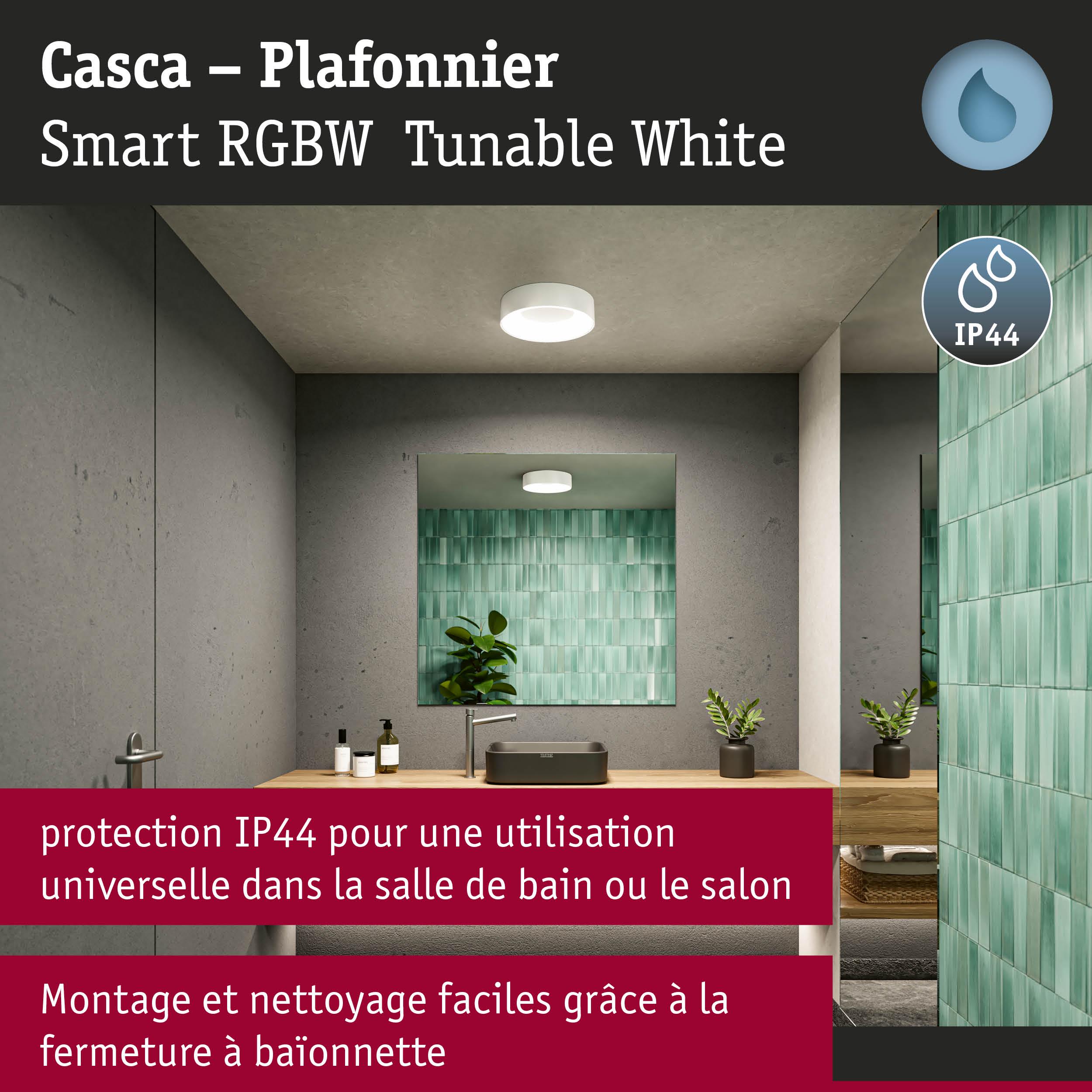 Plafonnier Casca blanc avec protection IP44 pour salle de bain et salon, éclairage intelligent RGBW blanc réglable