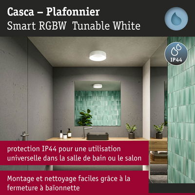 Plafonnier Casca blanc avec protection IP44 pour salle de bain et salon, éclairage intelligent RGBW blanc réglable