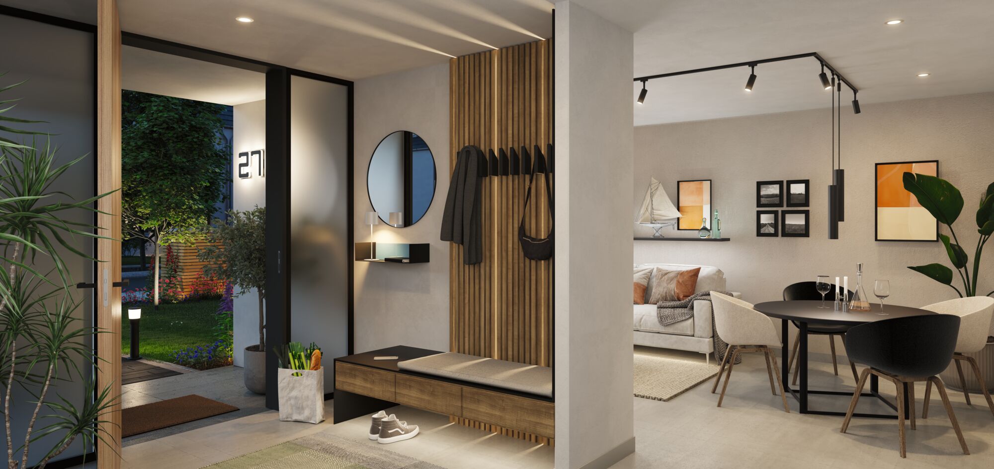 Modern living room with black dining table lighting and wooden bench in hallway with coat hooks