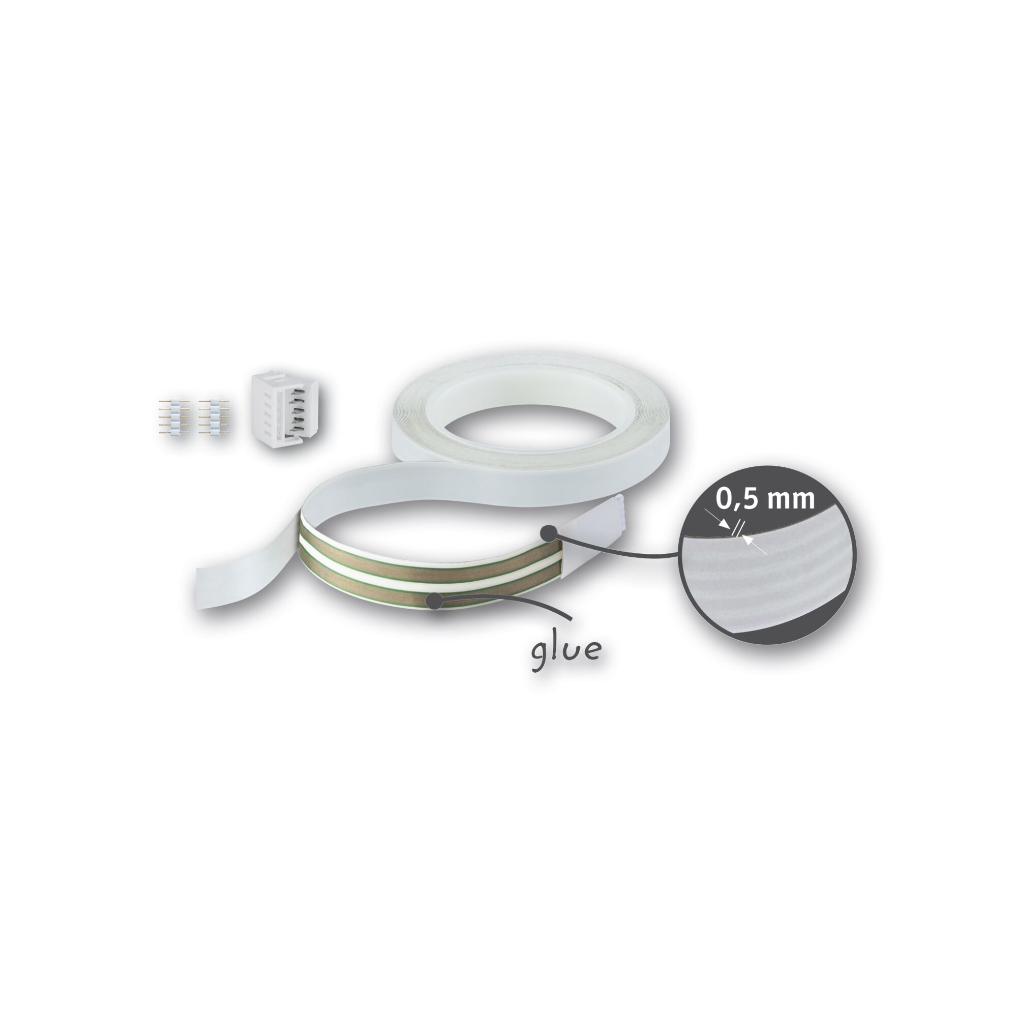 Dünnes weißes Klebeband mit 0,5 mm Stärke und elektrischen Steckverbindern für LED-Beleuchtung
