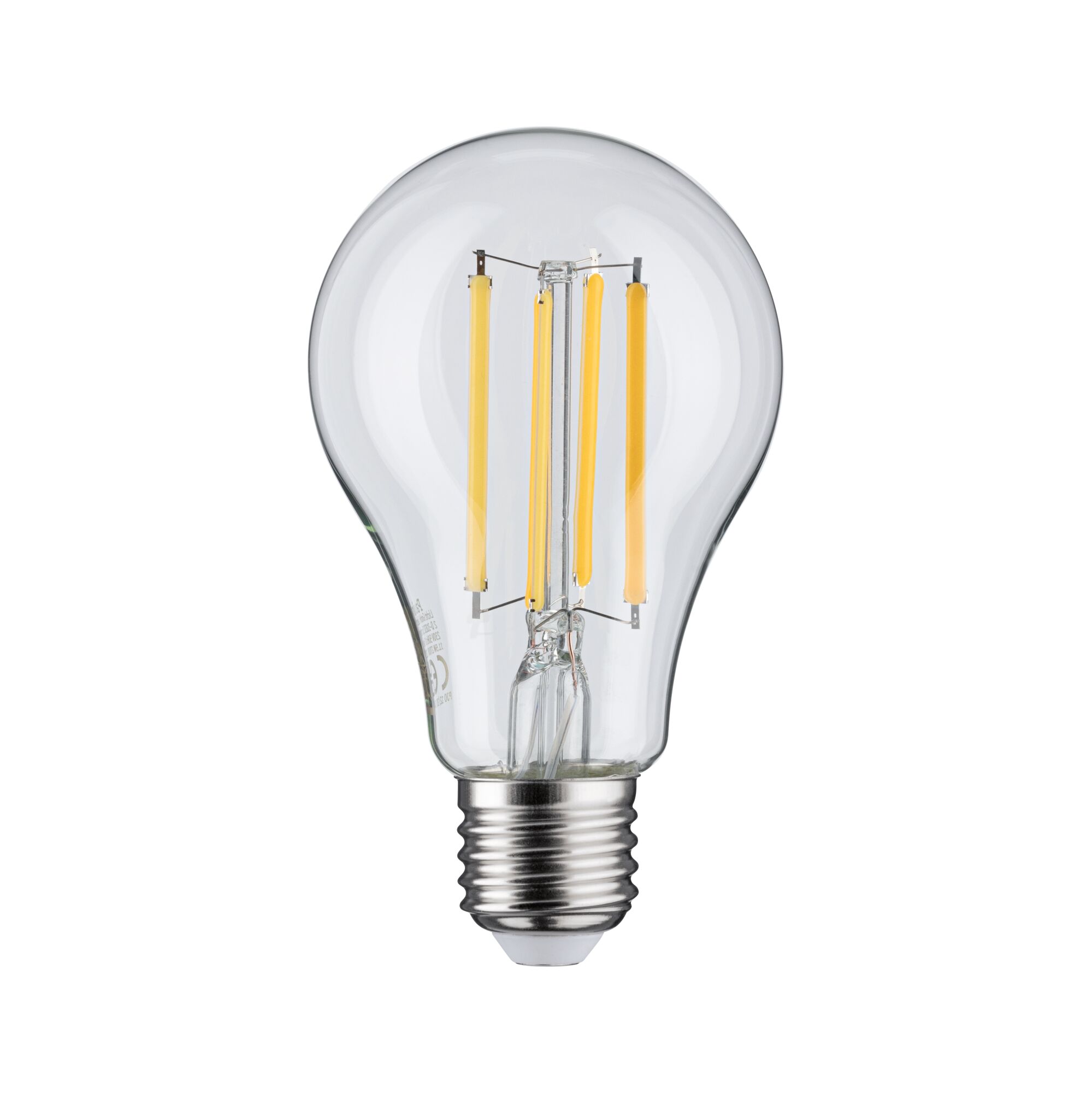 Klassische LED-Glühbirne mit transparentem Glas und gelben Filamenten für energiesparende Beleuchtung
