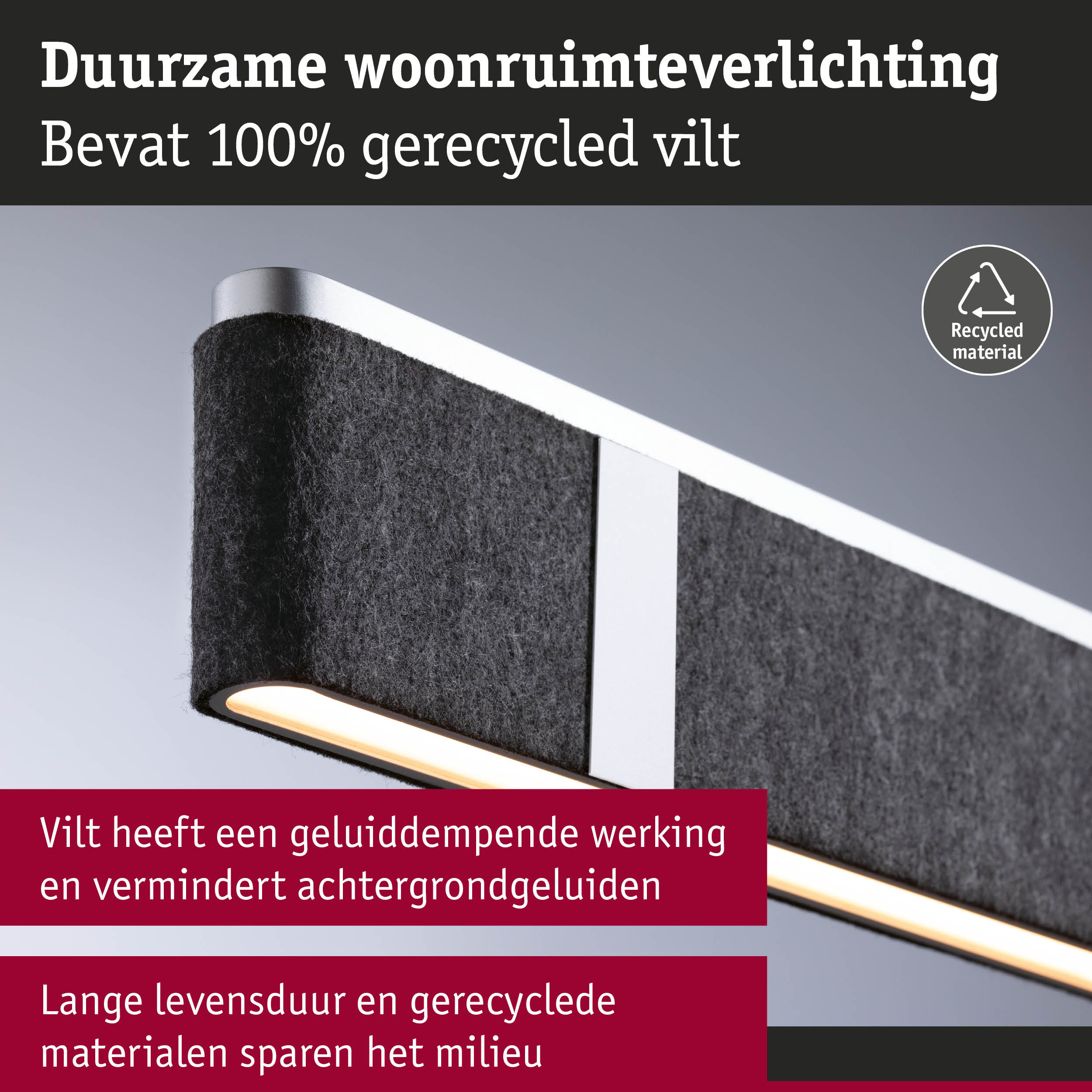 Duurzame woonruimteverlichting met 100% gerecycled zwart vilt en wit LED-licht