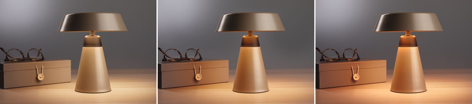 Dreiteilige Collage einer braunen Tischlampe aus Metall mit warmem Licht neben brauner Brille und Box