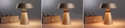 Dreiteilige Collage einer braunen Tischlampe aus Metall mit warmem Licht neben brauner Brille und Box