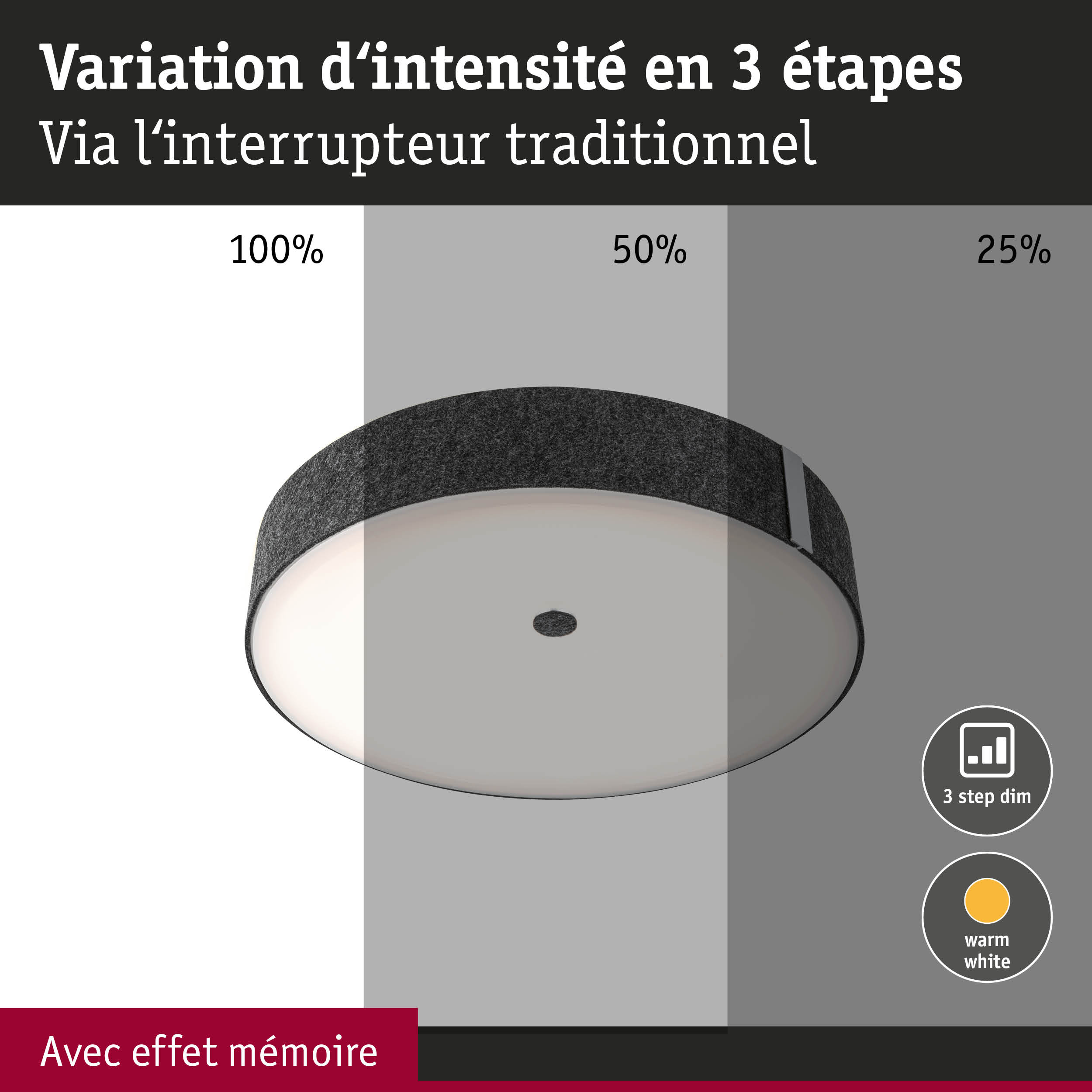 Plafonnier avec bord noir et lumière blanc chaud, variation d'intensité en 3 étapes via interrupteur traditionnel