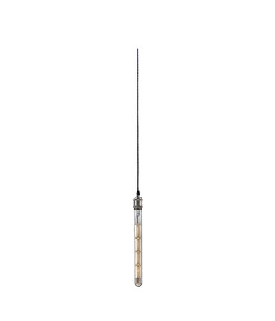 Schlanke Pendelleuchte mit langem Glaszylinder und warmweißem LED-Leuchtmittel in Silber.