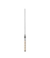 Slim pendant light with long glass cylinder and warm white LED bulb in silver finish.