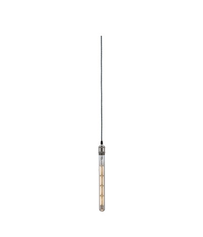 Slim pendant light with long glass cylinder and warm white LED bulb in silver finish.