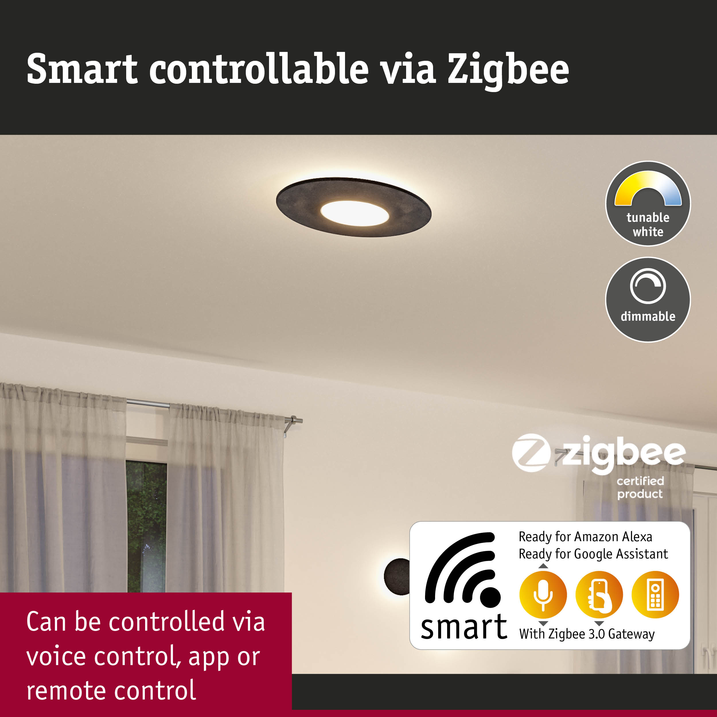 Smart controllable ceiling light with black metal frame, dimmable and Zigbee compatible