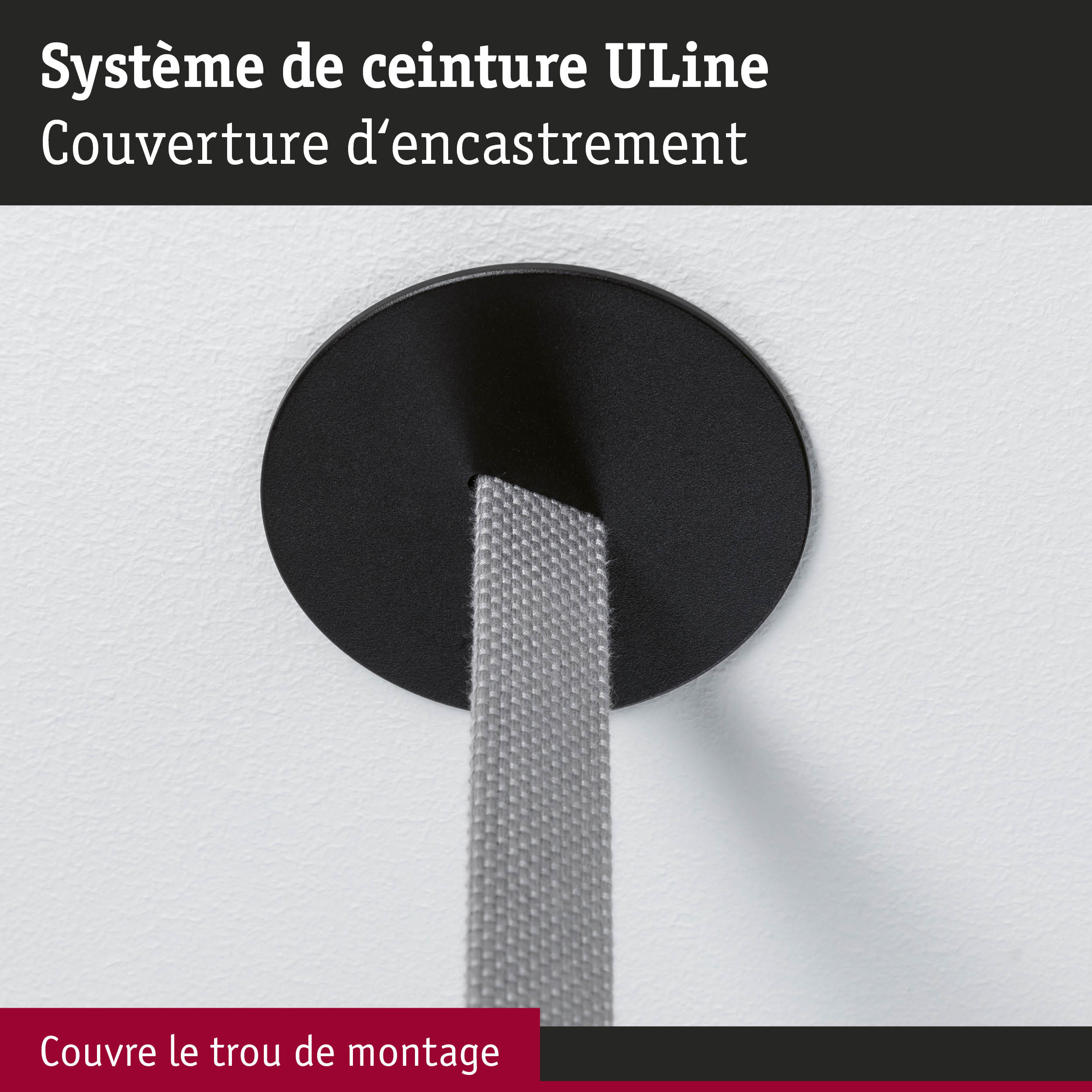 Cache ceinture ULine noir en métal couvrant un trou de montage sur mur blanc