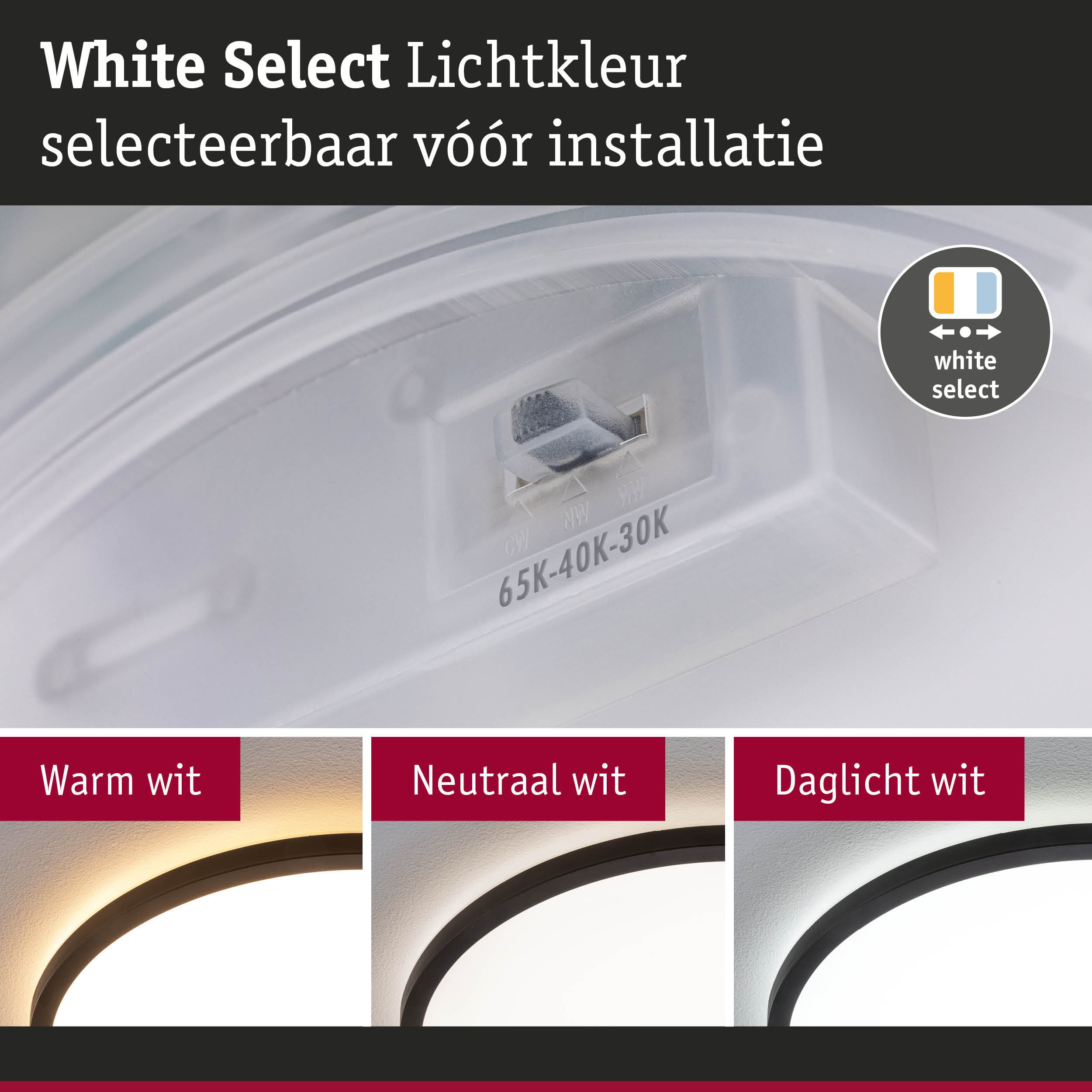 Witte Select lichtkleurregelaar van kunststof met drie lichtkleuren voor LED-plafondlampen