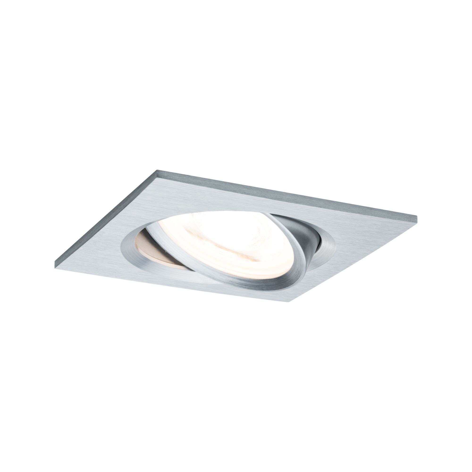 Quadratischer Einbaustrahler aus gebürstetem Aluminium in Silber mit schwenkbarem Spot für LED-Beleuchtung