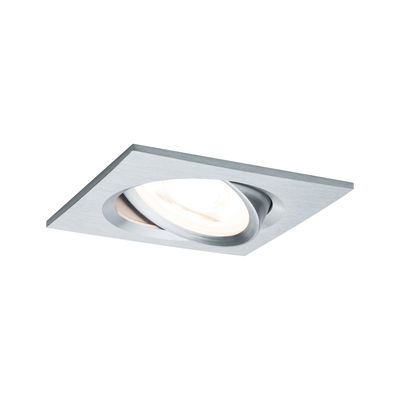 Quadratischer Einbaustrahler aus gebürstetem Aluminium in Silber mit schwenkbarem Spot für LED-Beleuchtung