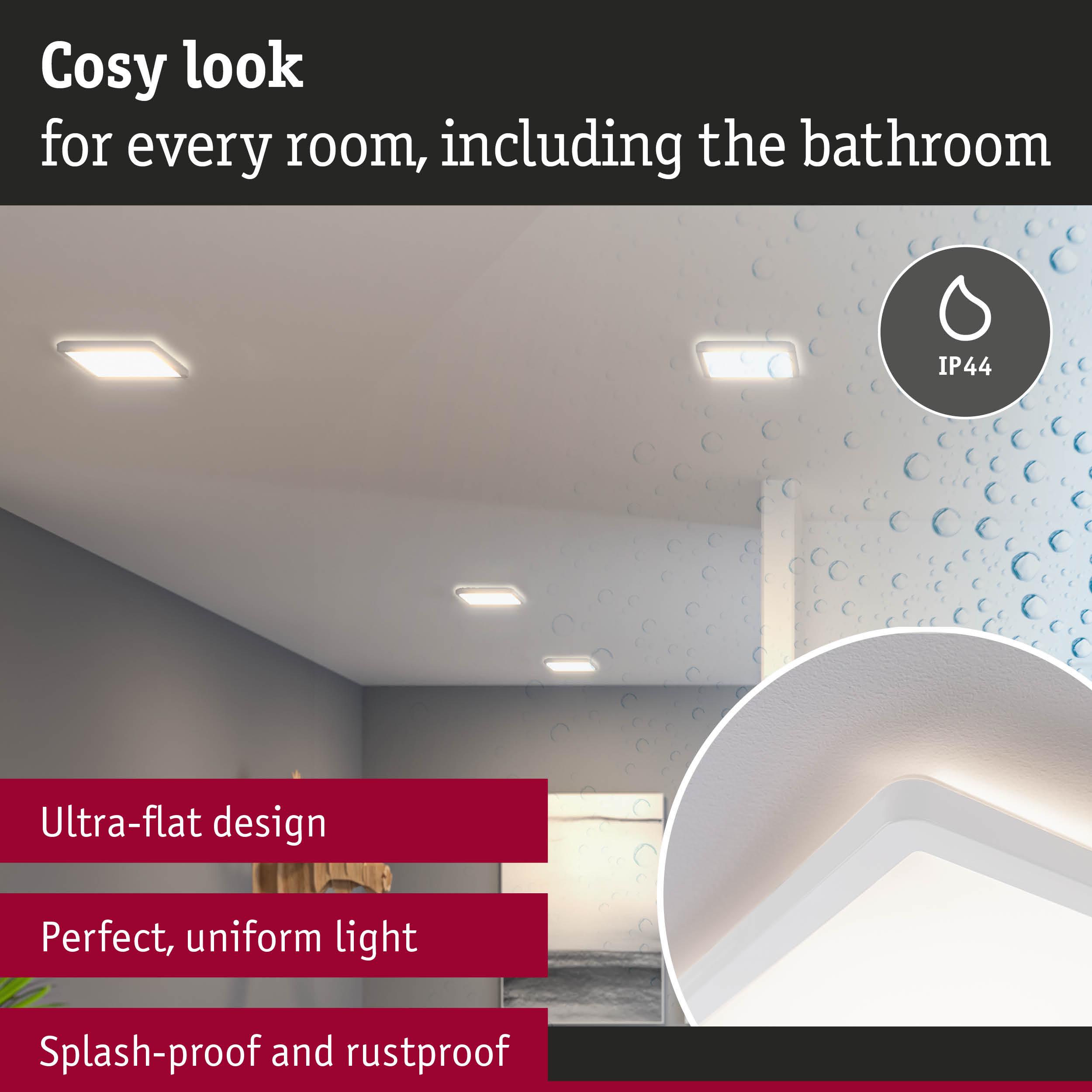 Ultra-flat white LED ceiling light with IP44 splash-proof rating for bathroom and living spaces, uniform light