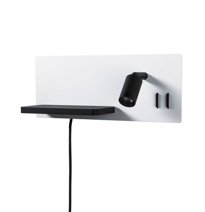 Applique murale moderne avec spot en métal noir et étagère sur panneau blanc, éclairage LED