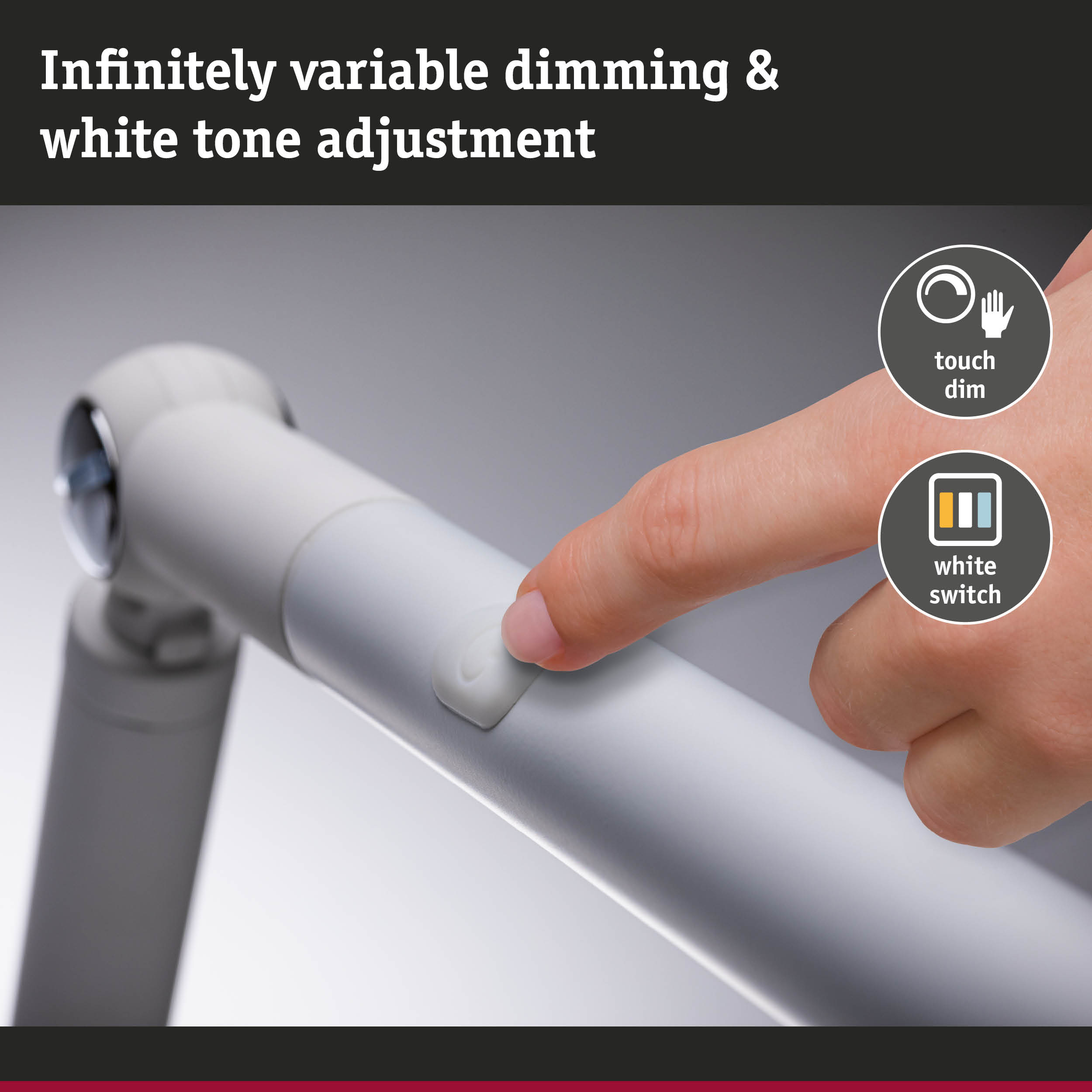 Finger pressing white switch with variable dimming and white tone adjustment for LED light