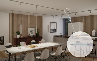 Moderne eetkamer met witte tafel, stoelen, houten wandpaneel, focus op LED TL-buis voor binnenverlichting.