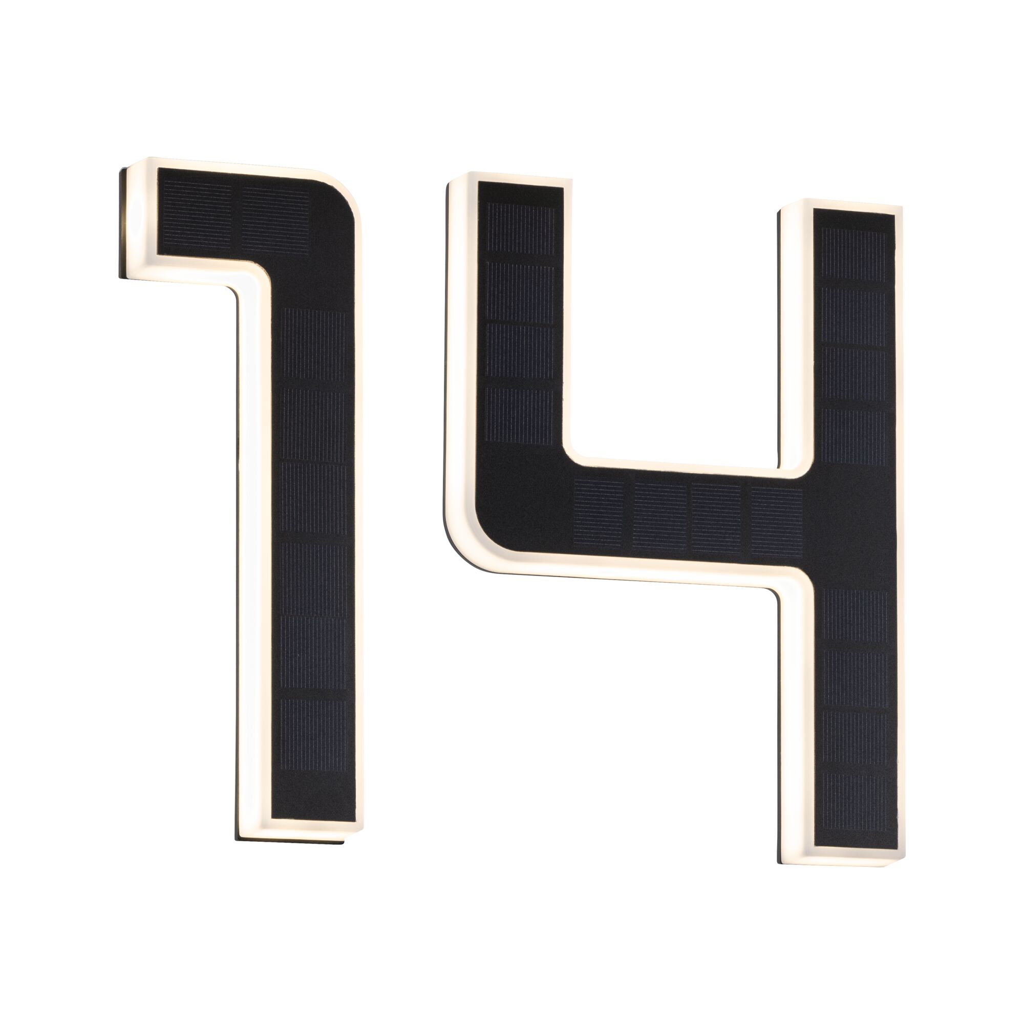 Modern black solar LED house numbers 1 and 4 with white frame for outdoor lighting