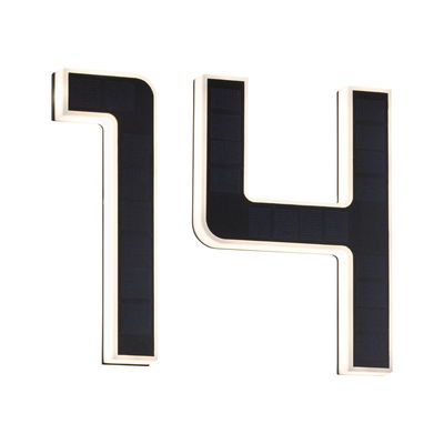 Modern black solar LED house numbers 1 and 4 with white frame for outdoor lighting