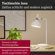 Weiße Tischleuchte Juna aus Metall mit beweglichem Leuchtenkopf für modernes Arbeitslicht