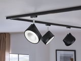 Black metal LED track lighting with three adjustable spotlights for modern interior illumination