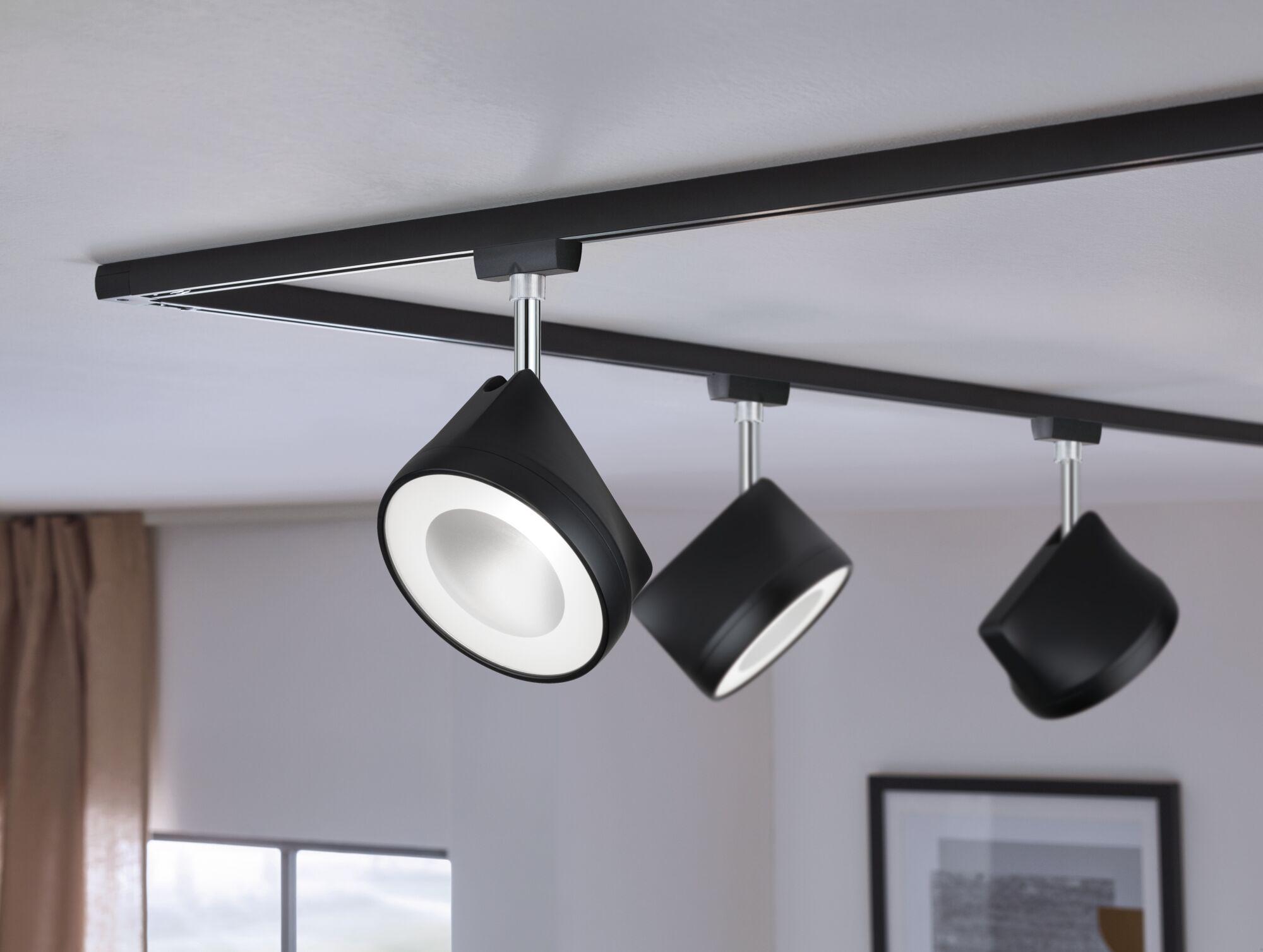 Schwarzes LED-Schienensystem mit drei verstellbaren Spots aus Metall für moderne Raumbeleuchtung