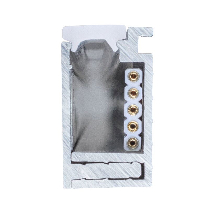 Cross-section of silver aluminum profile with five gold contacts for LED lighting system.