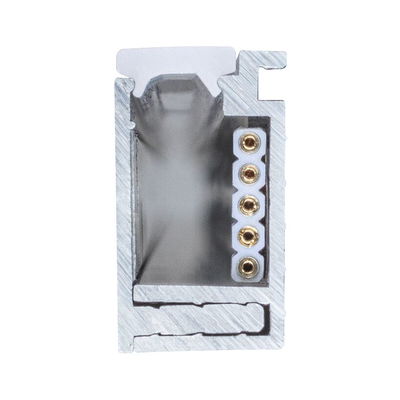 Cross-section of silver aluminum profile with five gold contacts for LED lighting system.