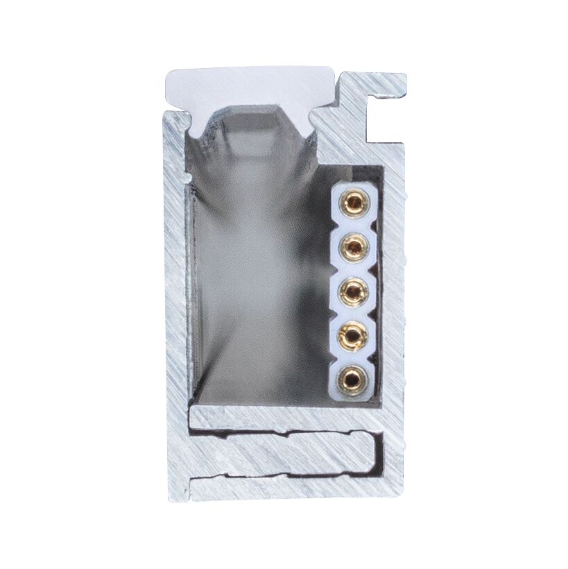 Cross-section of silver aluminium profile with five gold contacts for LED lighting systems