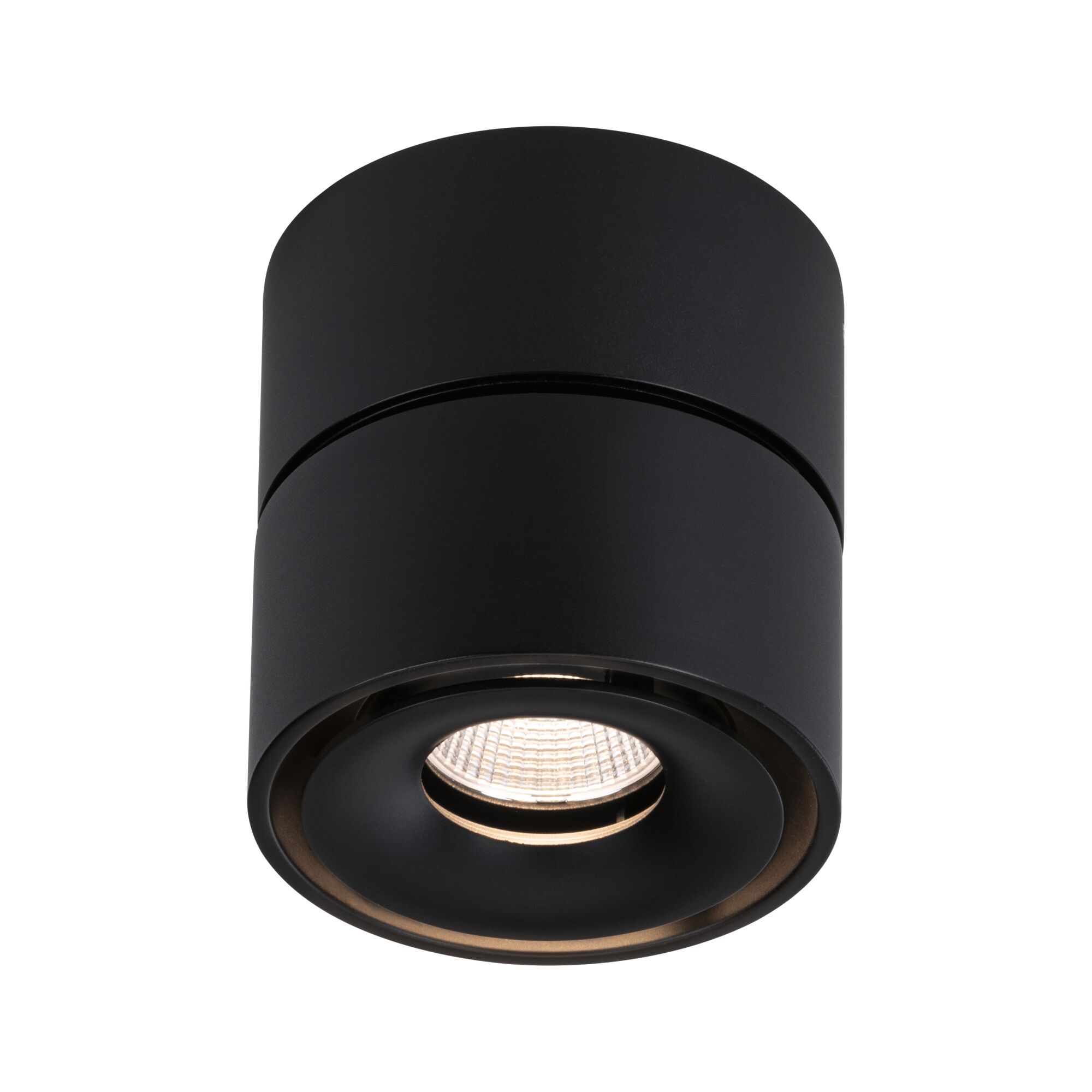 Black round metal LED ceiling light with warm white illumination for modern interiors