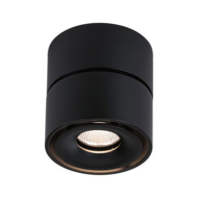 Black round metal LED ceiling light with warm white illumination for modern interiors