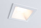 Square recessed spotlight in white plastic with warm white LED light for modern indoor lighting