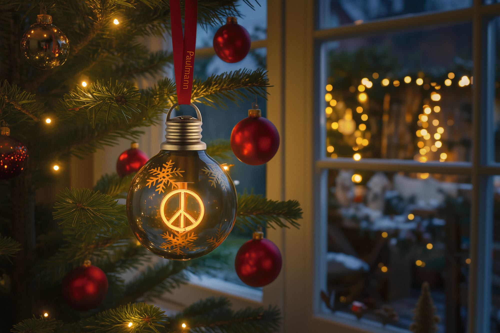 Weihnachtskugel aus Glas mit leuchtendem Peace-Zeichen und Schneeflocken, rote Christbaumkugeln am Tannenbaum