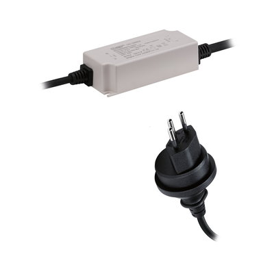 White LED driver housing with black power cable and Euro plug for LED lighting systems