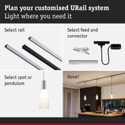 Modular URail track system with black and white aluminium rails, connectors, and pendant light in kitchen