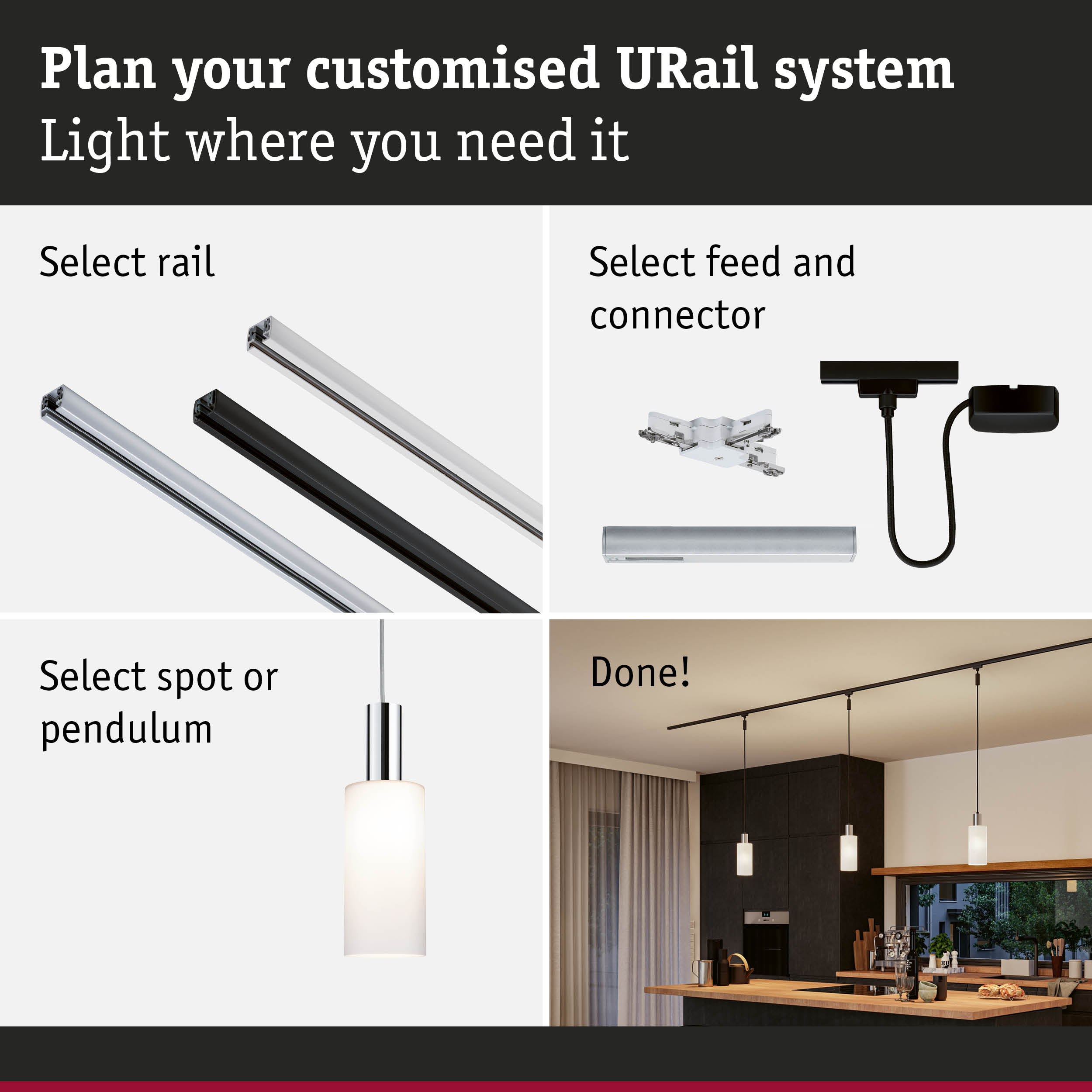 Modular URail track system with black and white aluminium rails, connectors, and pendant light in kitchen