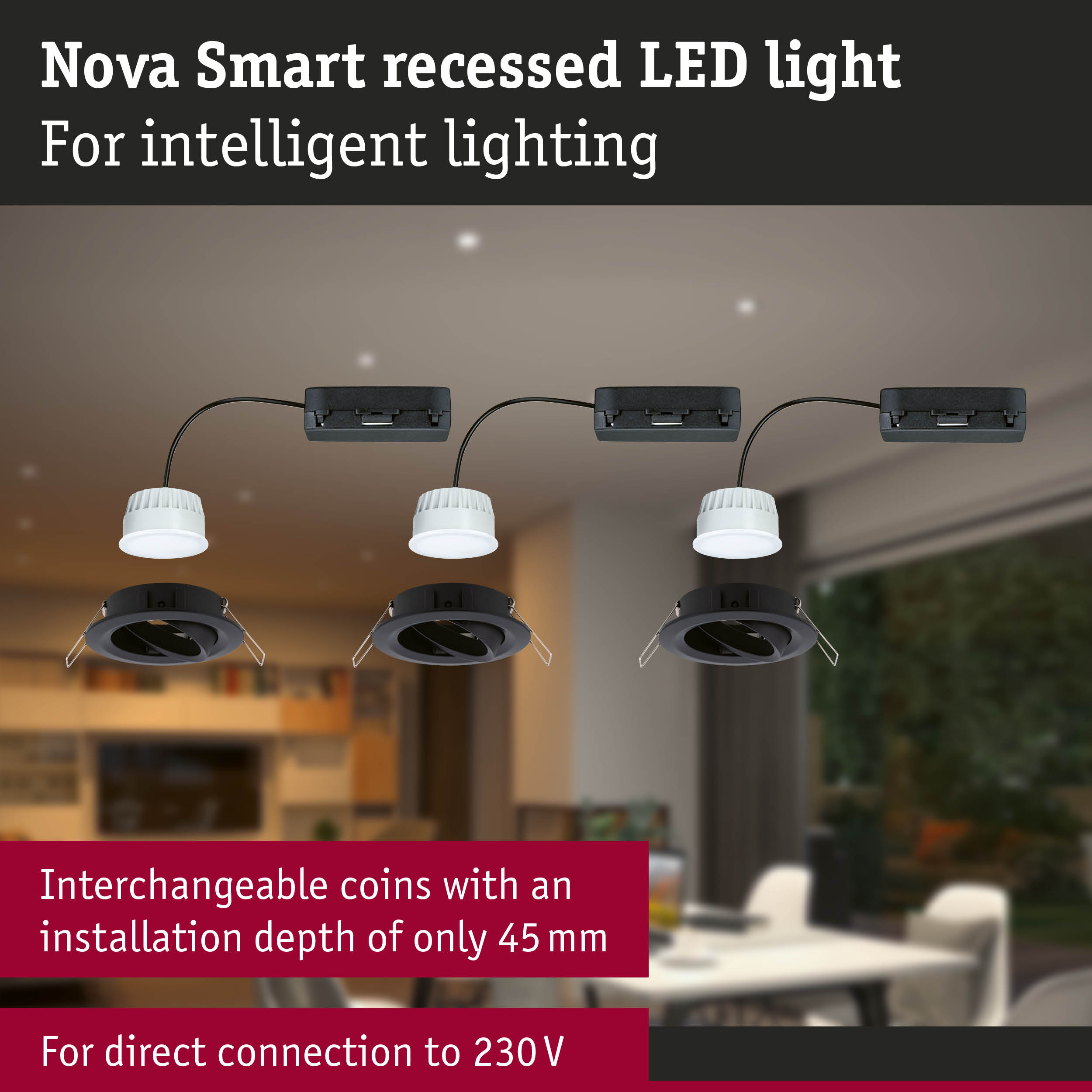 Nova Smart recessed LED light with black housing and white lamp for intelligent home lighting