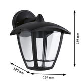 Black outdoor wall lamp made of metal with clear glass, measuring 225x190x164 mm for garden lighting