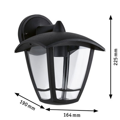 Black outdoor wall lamp made of metal with clear glass, measuring 225x190x164 mm for garden lighting