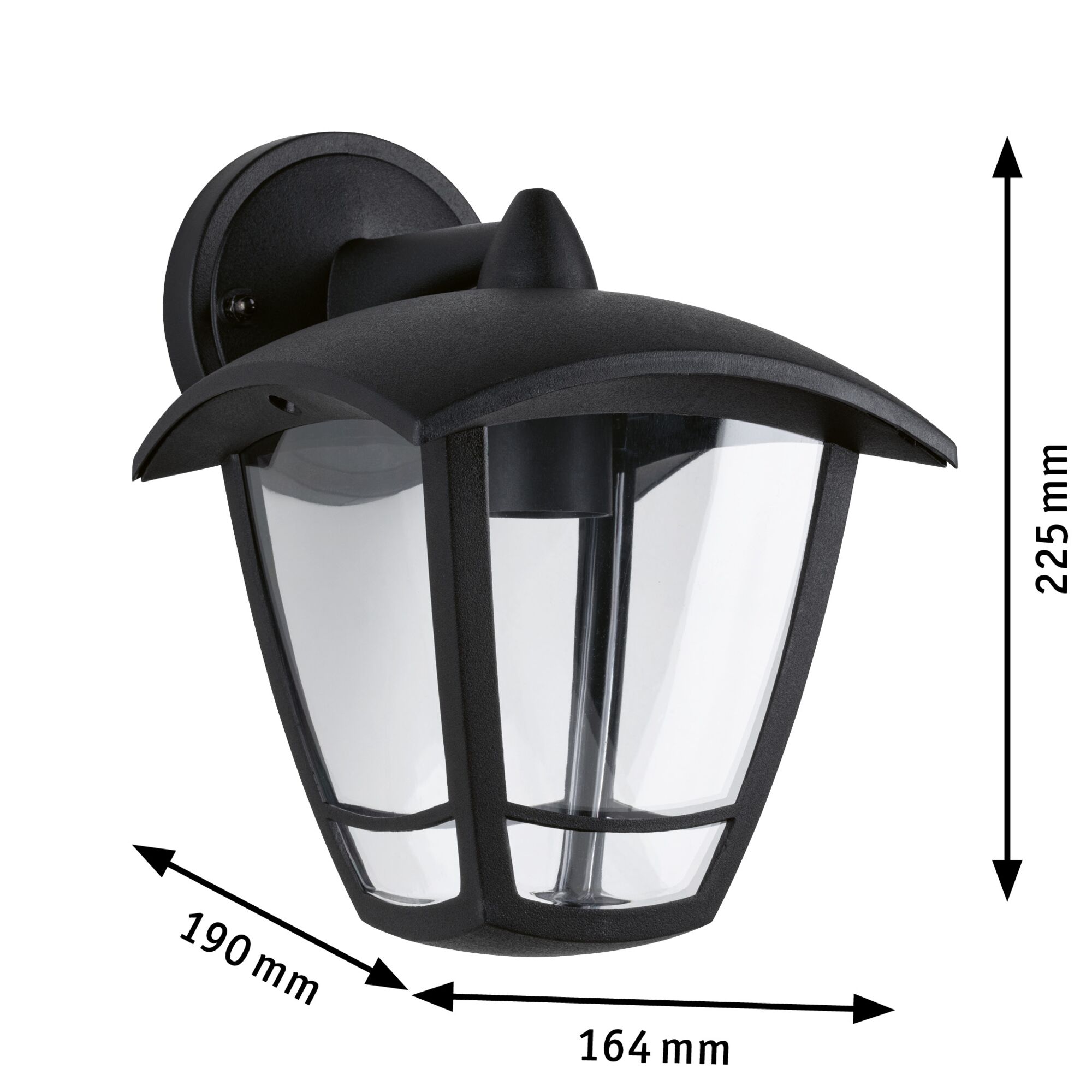 Black outdoor wall lamp made of metal with clear glass, measuring 225x190x164 mm for garden lighting