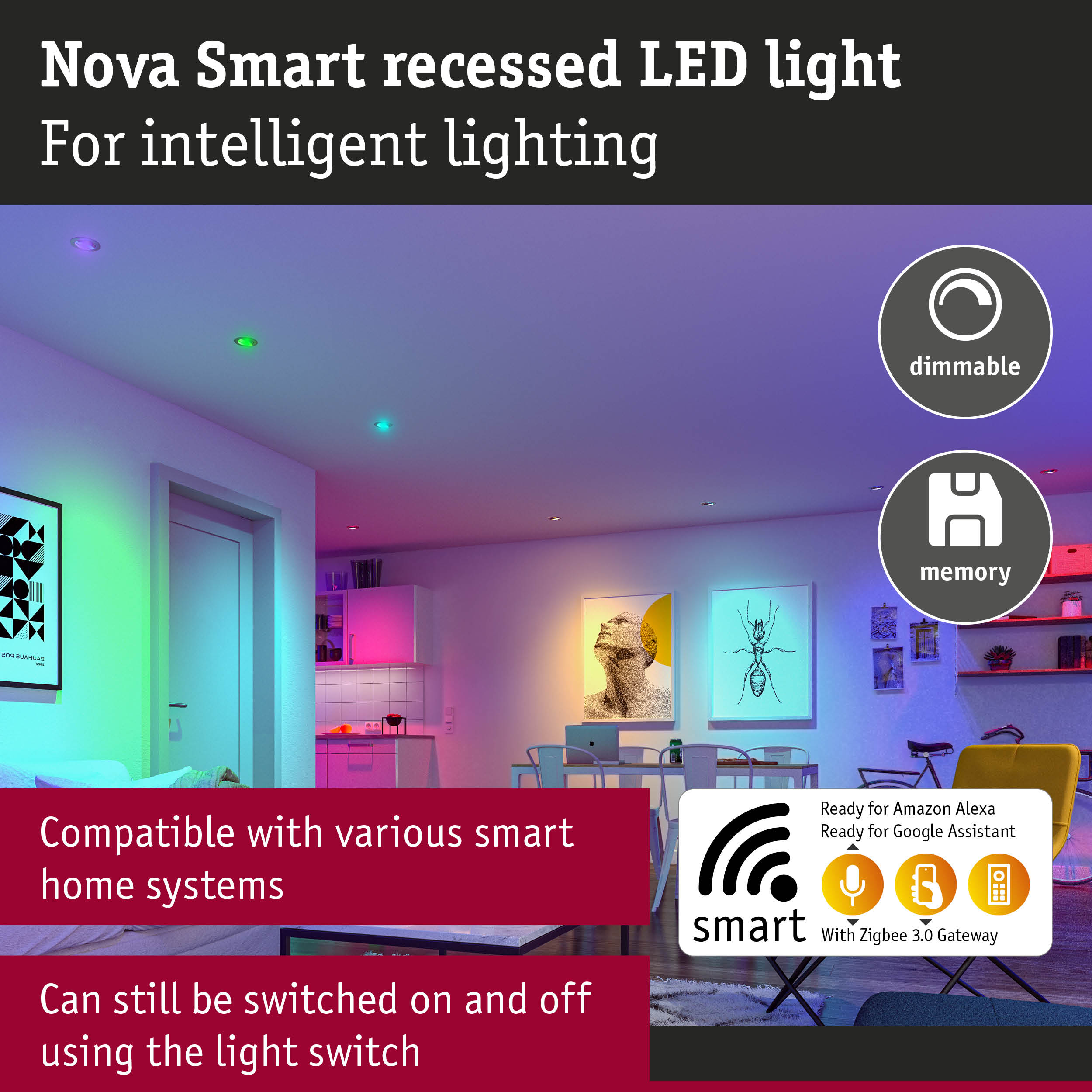 Nova Smart dimmable recessed LED light in modern living room with colorful smart lighting system