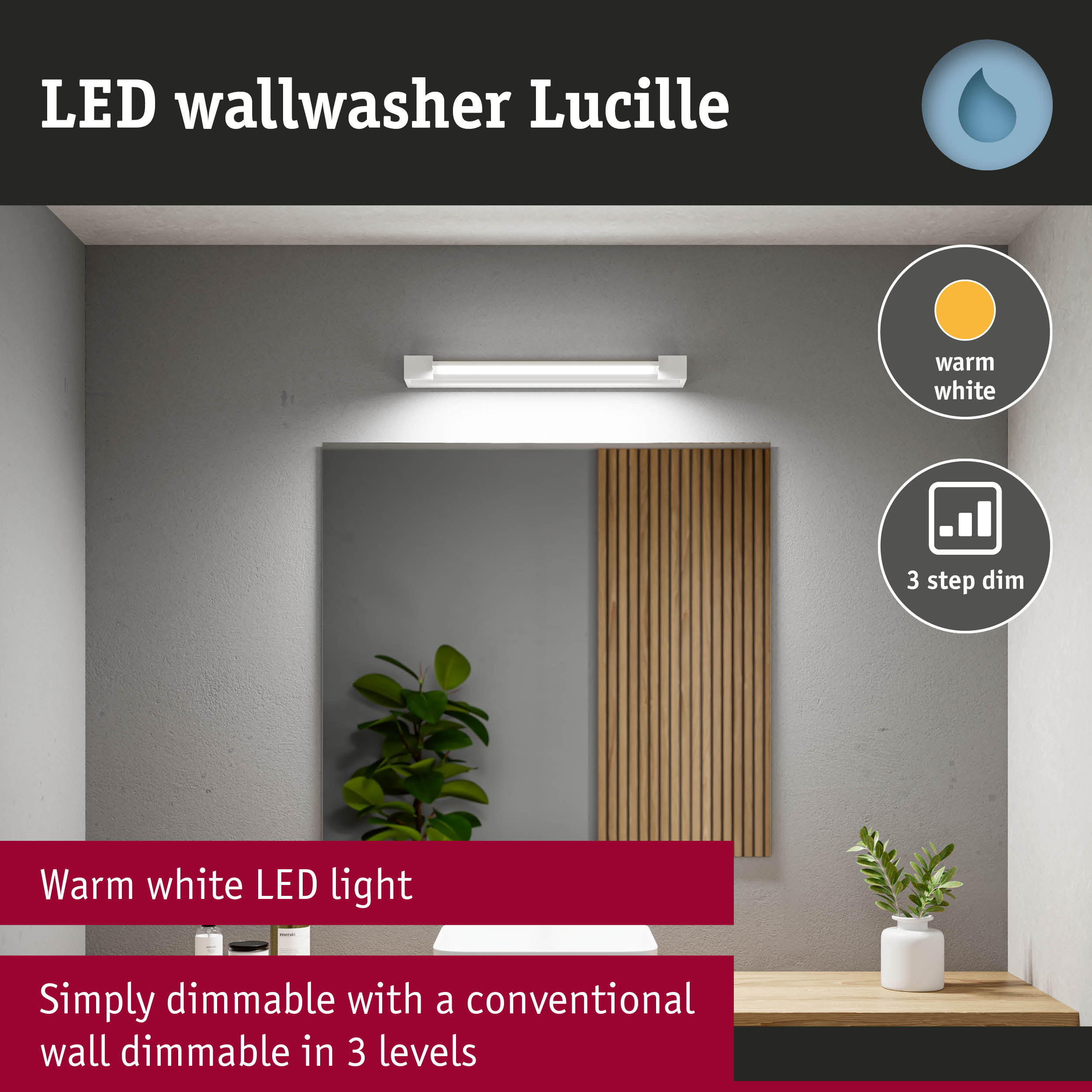 White LED wallwasher Lucille with warm white light and 3-step dimmable wall control for interiors