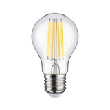 Klassische LED-Glühbirne mit transparentem Glas und gelben Filamenten, energiesparende Beleuchtungslösung