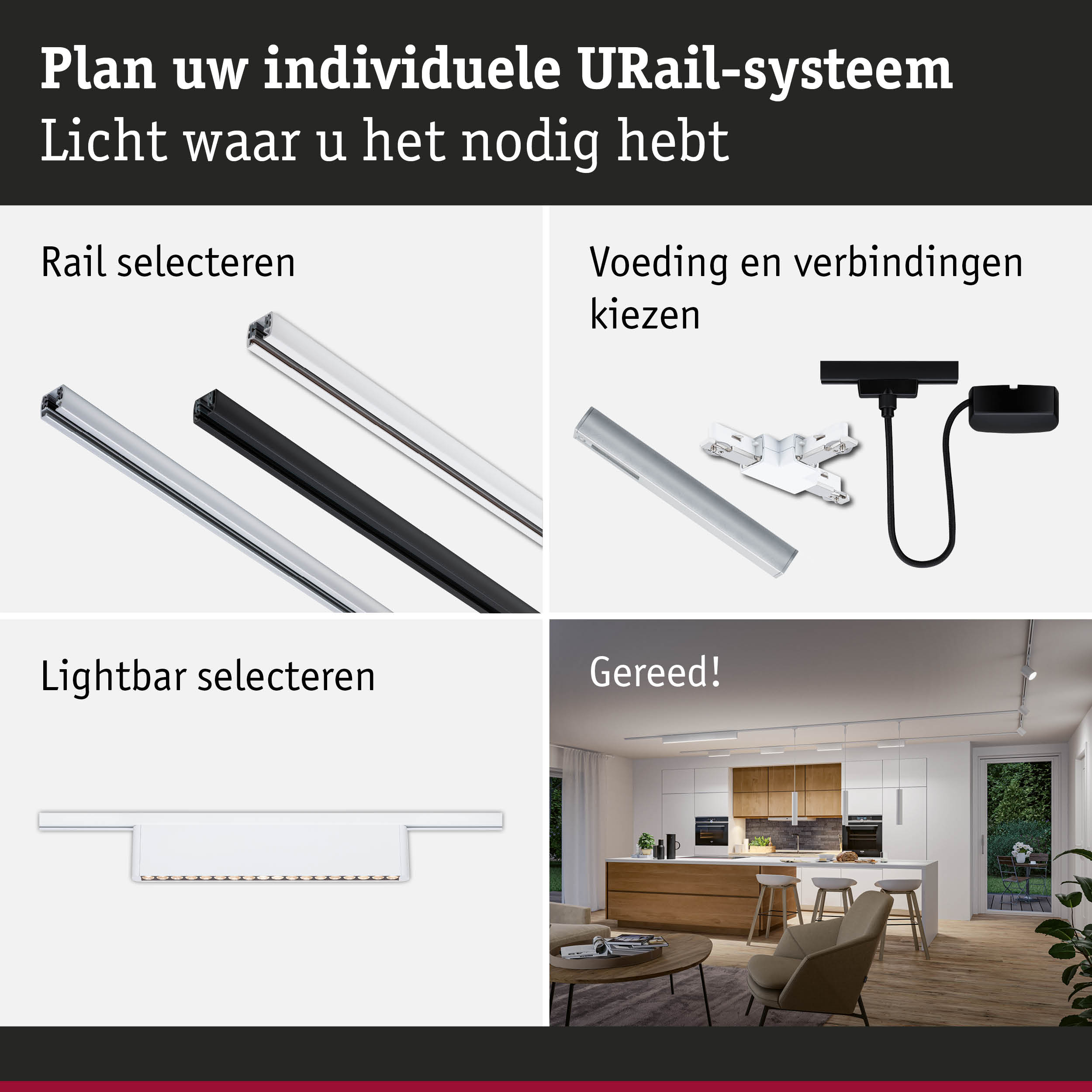 Modulair URail-systeem met rails, verbindingen en lichtbalken voor flexibele verlichtingsoplossingen