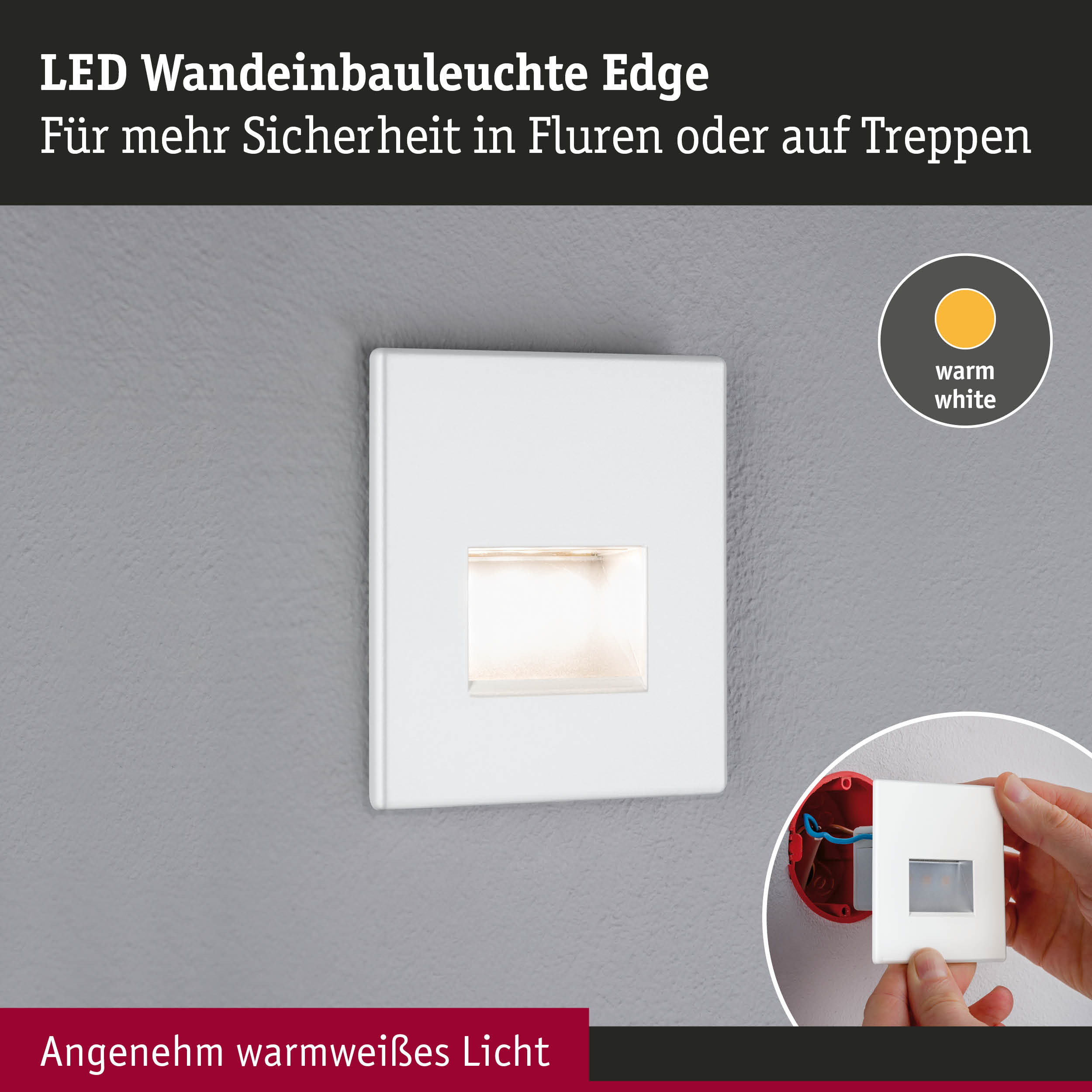 Weiße LED-Wandeinbauleuchte Edge mit warmweißem Licht für mehr Sicherheit in Fluren und Treppen