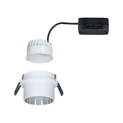 Weißer LED-Einbaustrahler aus Aluminium mit schwarzem Anschlusskabel und Federklammern für Deckenmontage