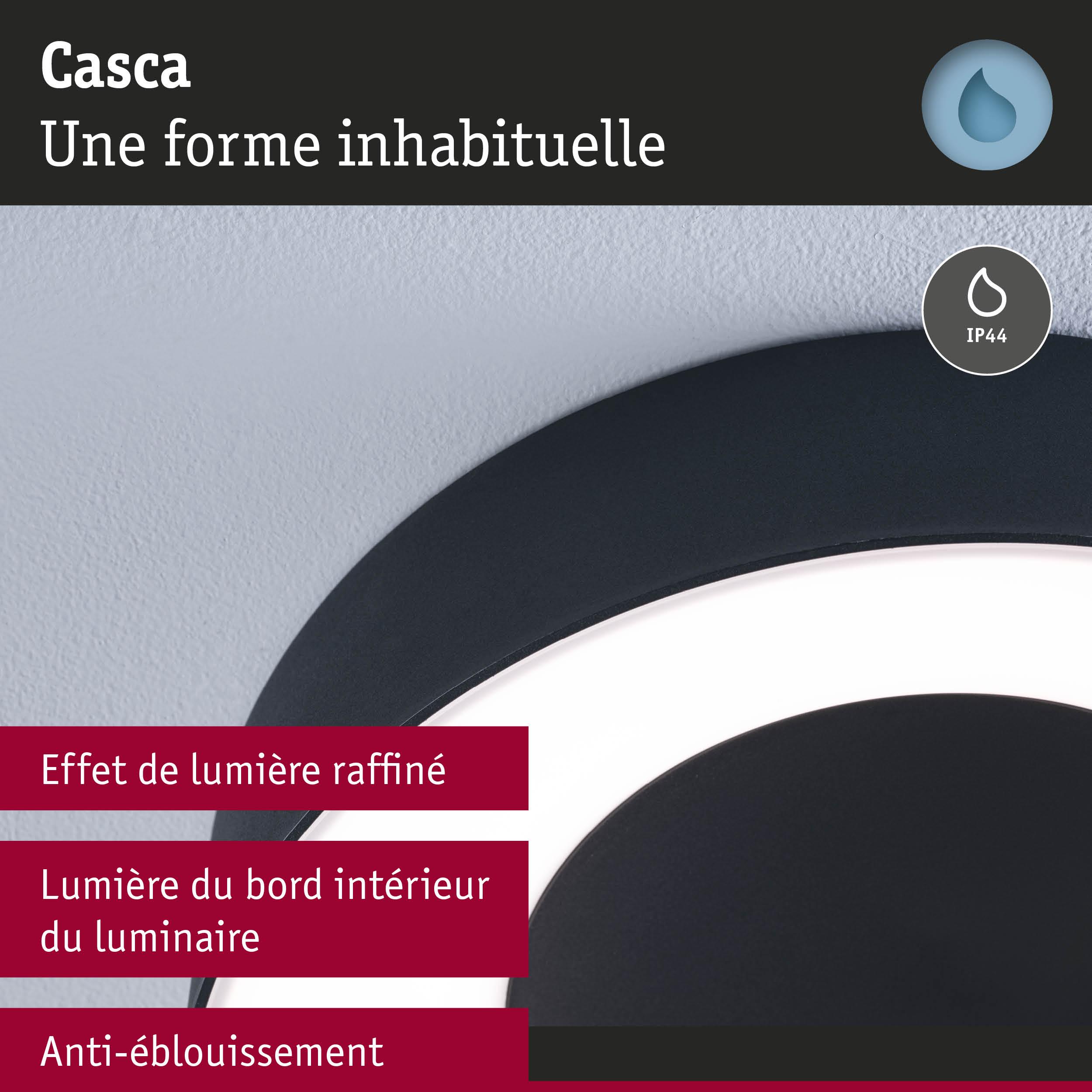 Plafonnier LED rond noir avec indice IP44 et effet anti-éblouissement, adapté aux salles de bain