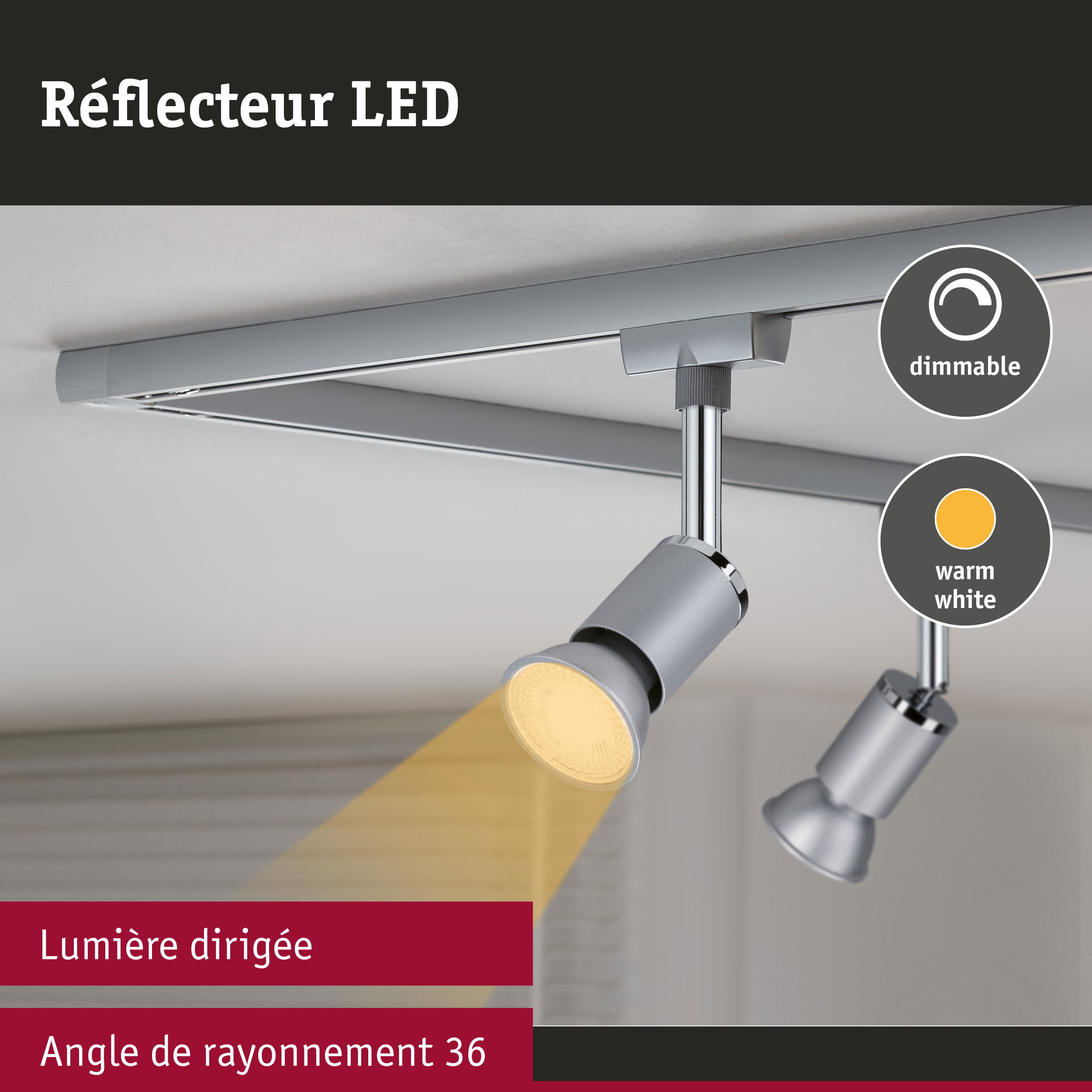 Spot LED dimmable en métal gris avec lumière blanc chaud et angle de rayonnement de 36 degrés